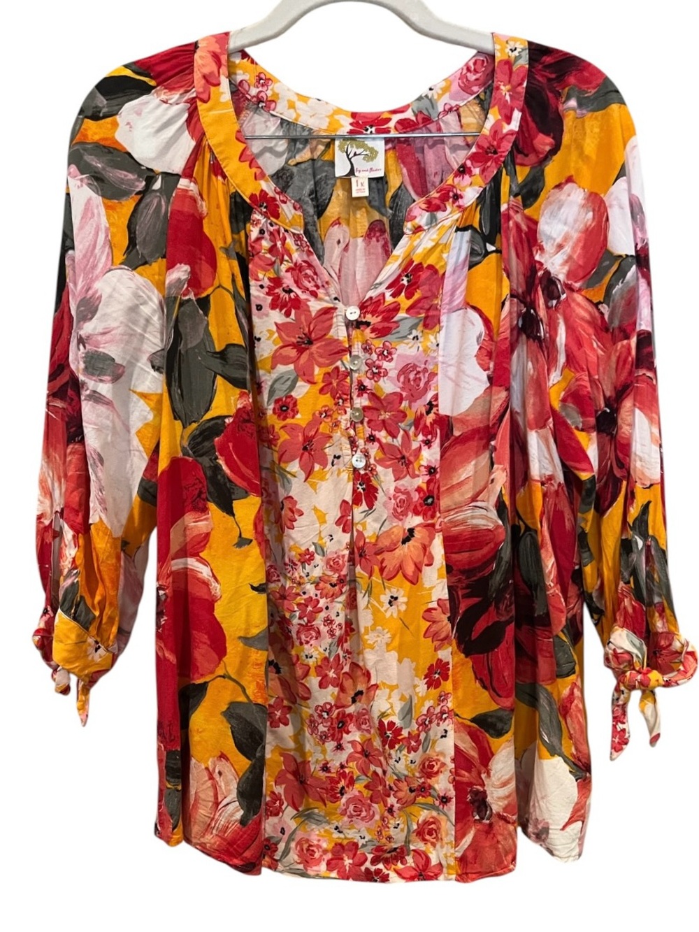 Anthropologie fig and flower flowy Vibrant floral tie sleeve Blouse plus size 1X